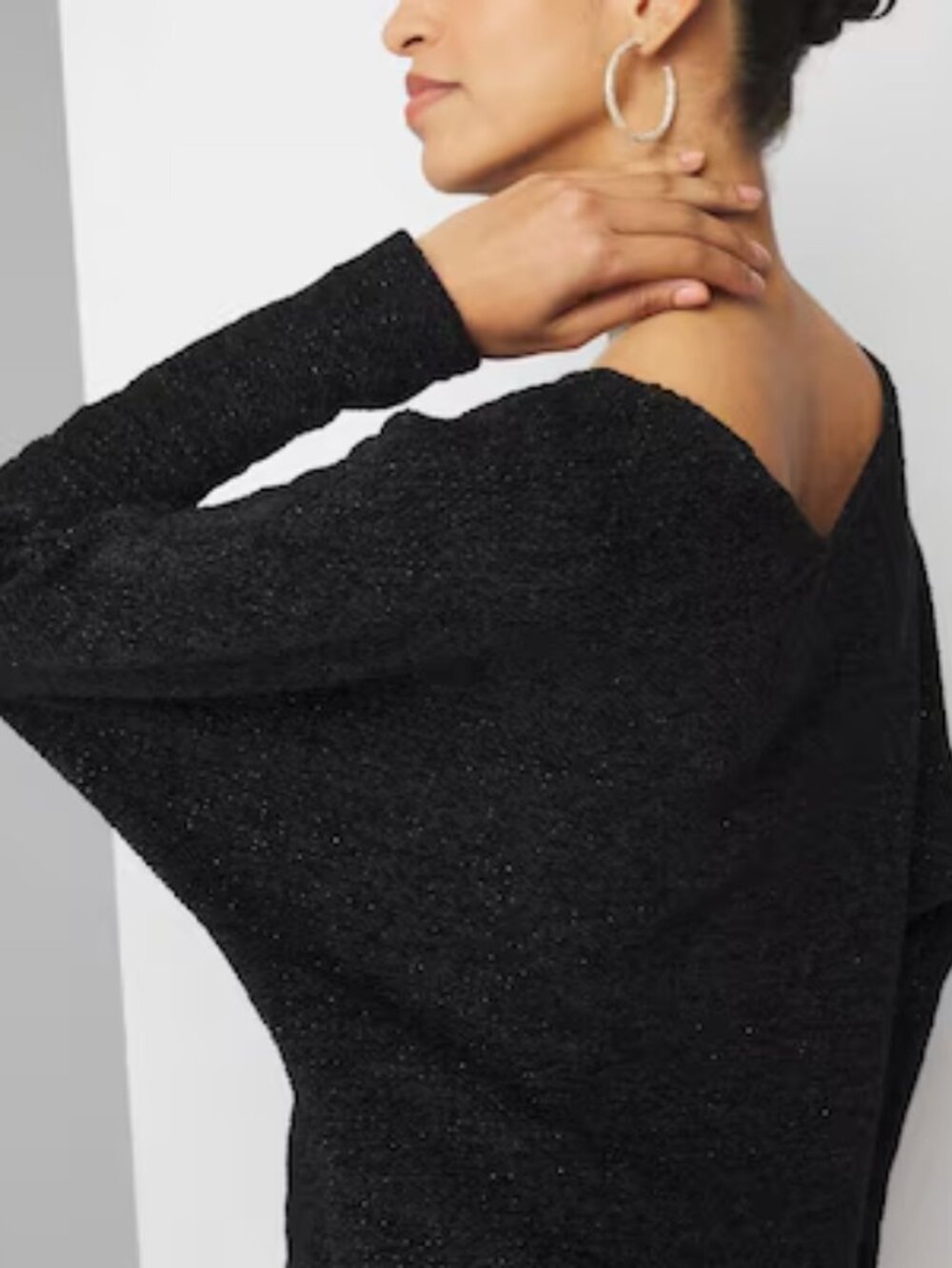 WHBM Sweater Dolman-Inspired Sleeve Black Chenille, Metallic Gold Threads Sz S